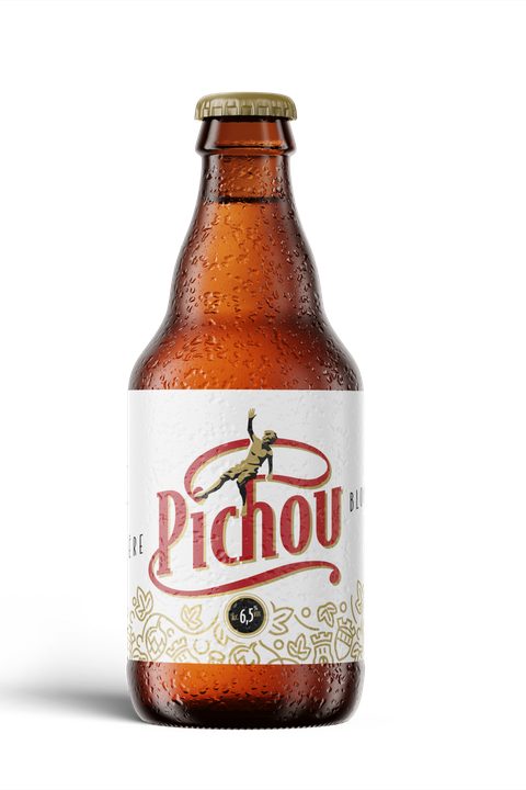 Bouteille de Pichou Blonde 33 cl, étiquette dorée au personnage du Pichou